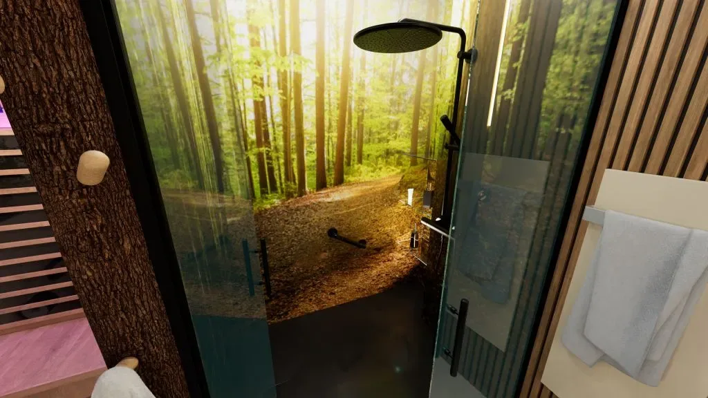 Dusche mit fugenlosem Wandpaneel, auf das ein Waldmotiv gedruckt ist, mit Regendusche und Haltegriff