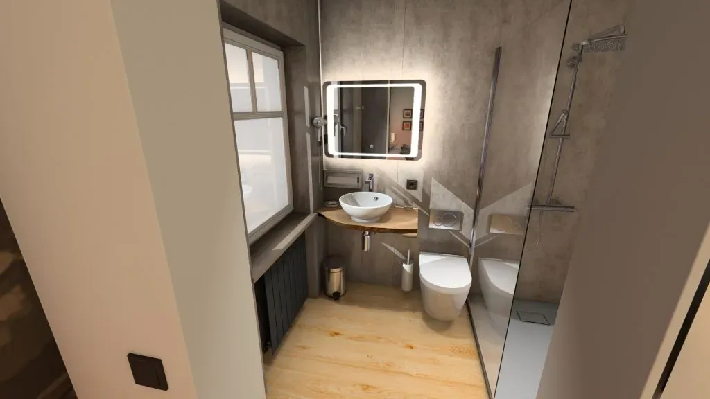 Schmales Bad mit Walk-in-Dusche, Waschtisch aus Holz und Wandpaneelen in Betonoptik