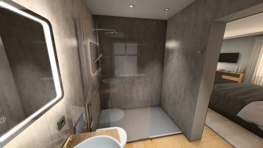 Helles Hotelbad mit Walk-in-Dusche, fugenlosen Wandpaneelen in Betonoptik und beleuchtetem Spiegel