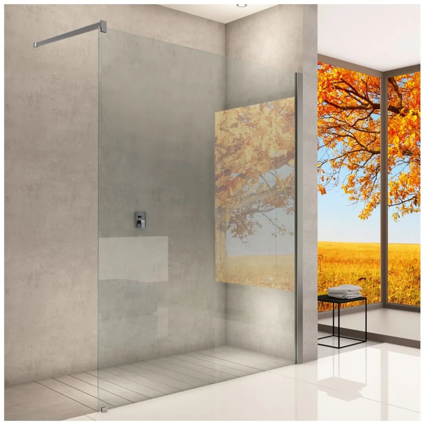 Walk-in-Dusche mit rahmenloser Glaswand und Motivpaneel in Herbstfarben