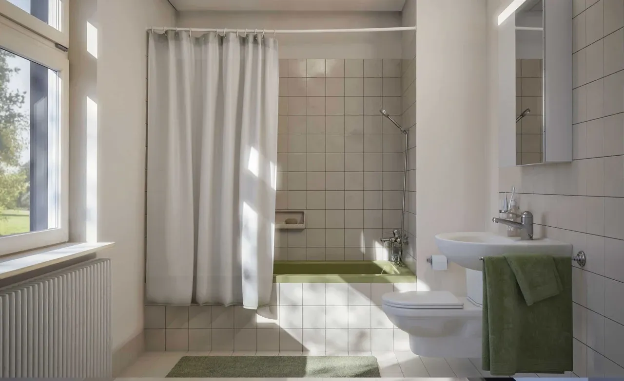 Bestehendes Badezimmer vor dem Umbau mit hell gefliesten Wänden, sichtbarem Fugenraster, Badewanne und Duschvorhang